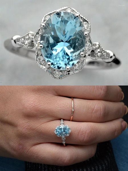 Cluster Rings Vintage Fashion Blue Crystal Topaz Aquamarine Gemstones Diamond Women White Gold Silver Color Jewelry Bijoux Bague Party