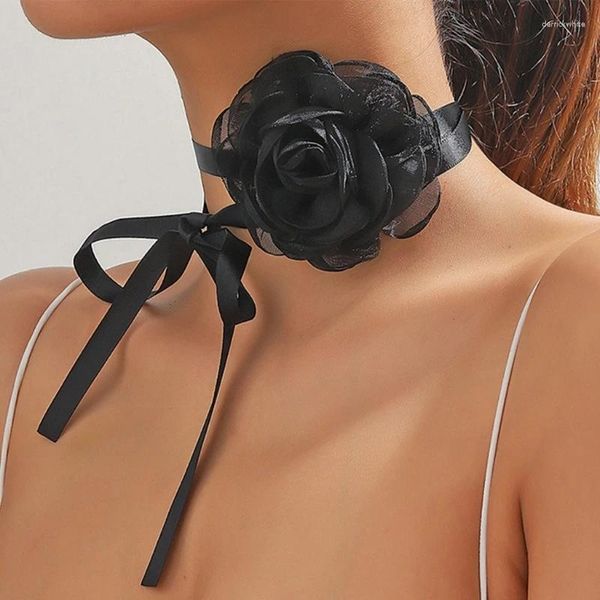 Колье с цветком розы, сетчатая пряжа с длинной лентой, винтажное ожерелье с воротником, свадебные украшения для свадебных женщин и девочек