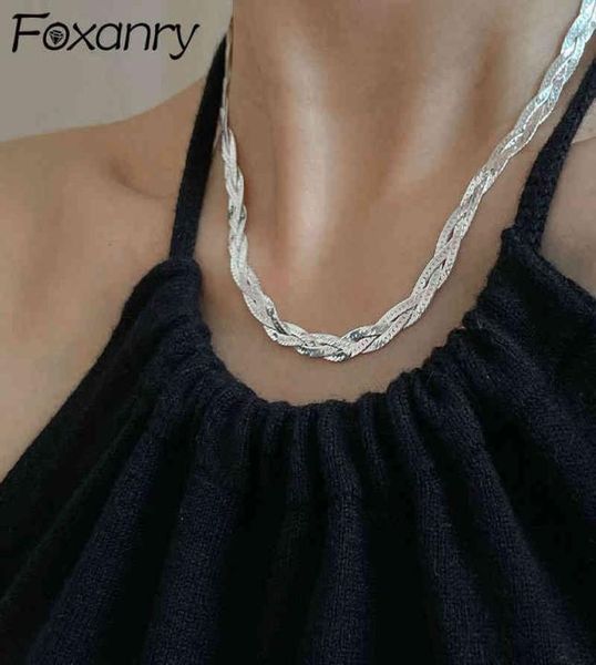 Foxanry-collar de cadena de clavícula de Plata de Ley 925, accesorio para pareja, elegante, Vintage, textura trenzada, joyería de fiesta 2158527