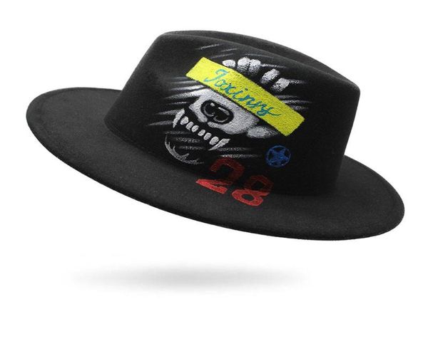 Breite Krempelnhüte 2021 handbemalten Fedora Hut für Frauen Männer Vintage Woll Jazz Panama Cap Fashion Graffiti Sun Lady Feedoras9877610