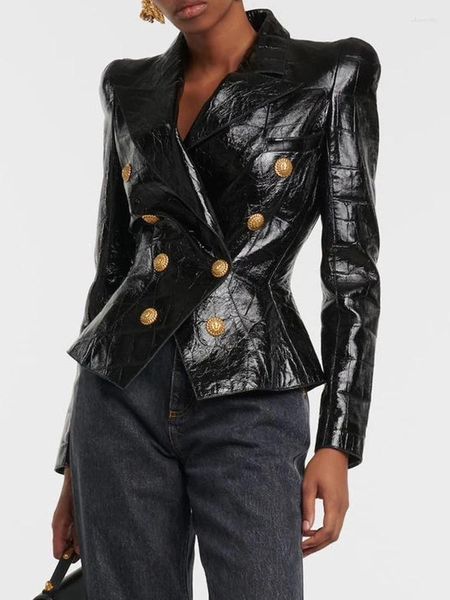 Ternos femininos high street 2023 clássico barroco designer jaqueta metal leão botões duplo breasted blazer de couro artificial