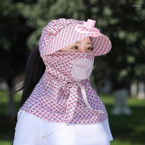 Ampla borda chapéus feminino viseira boné verão respirável com ventilador máscara facial chapéu de sol usb carregamento pescoço capa proteção uv