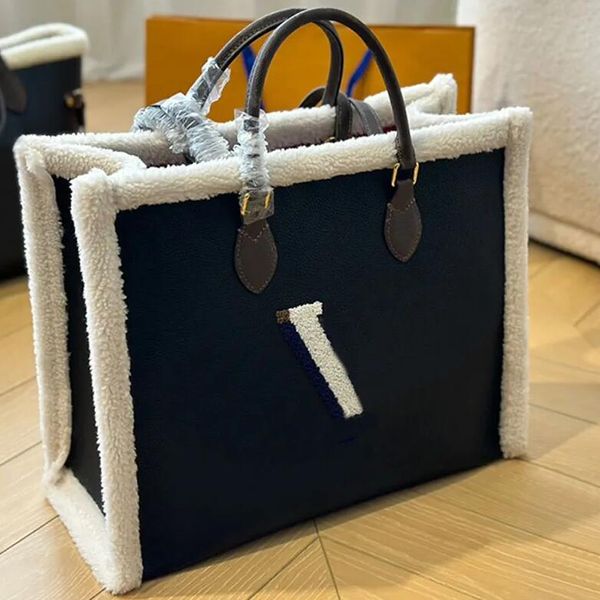 Siyah çanta çantası yün tote çanta orijinal deri yün harfleri altın donanım en kaliteli tasarımcı moda mektupları omuz çantaları çıkarılabilir tote alışveriş