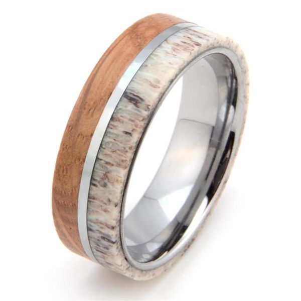 Anel feminino de carboneto de tungstênio de 8 mm para homens e mulheres, chifre de veado e barril de uísque, aliança de casamento com incrustação de madeira, ajuste confortável, tamanho 713, inclui metade do tamanho 4444681