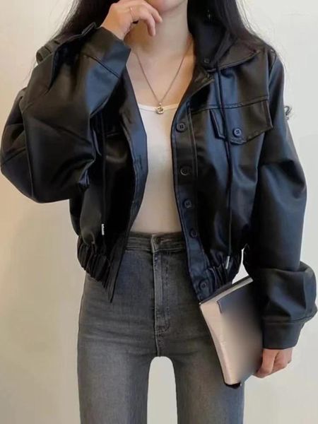 Jaquetas femininas preto com capuz jaqueta de couro mulheres 2023 outono inverno manga longa único breasted casacos chique vintage emendado outerwear