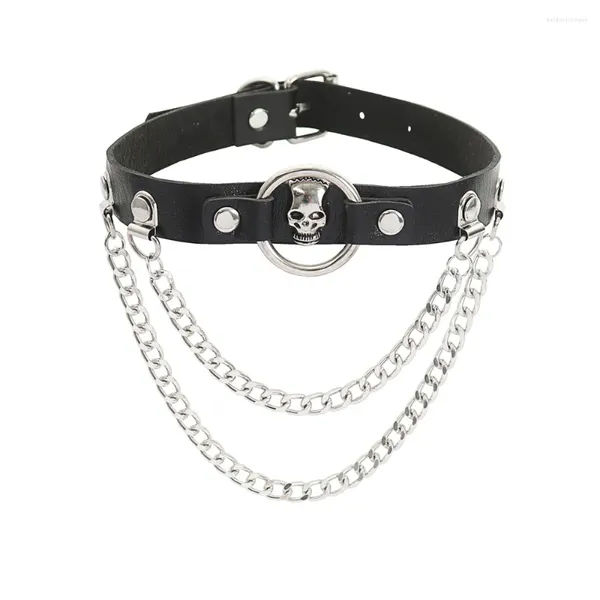 Gargantilha de couro esqueleto punk colar feminino rebites cravejado chocker colar grosso goth jóias correntes gótico emo acessórios