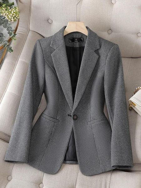 Ternos femininos vintage xadrez blazer feminino 2024 elegante manga longa único botão notado jaquetas senhoras do escritório chique casual y2k casacos roupas