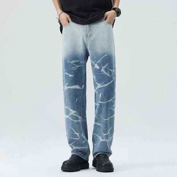 Jeans da uomo firmati di lusso pantaloni larghi di nicchia americani di alta strada a gamba larga, hip-hop, esplosione, jeans dritti blu lavati, pantaloni lunghi fino al pavimento