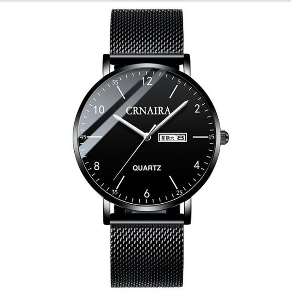 Crnaira preto malha de aço banda quartzo relógios masculinos calendário luminoso relógio grande três mãos casual negócios elegante homem pulso watches2460