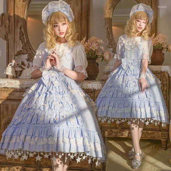 Lässige Kleider Original Französisch Retro Quadrat Kragen Strap Lolita Kleid Weibliche Süße Perlen Gespleißte Spitze Hohe Taille Ärmellose Rüschen Y893