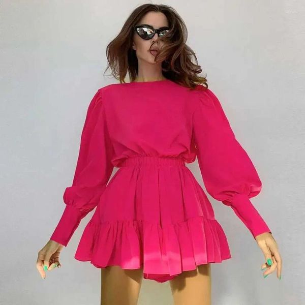Lässige Kleider Boho inspiriert rosa Kleid Frauen Langarm Herbst Winter Plissee süße Party elastische Taille Sexy
