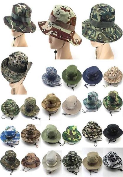 Chapéus de balde de verão masculino Bum largo Sun Camu Camo Militar Hunting Fishing caminhada Solid Camouflage Big Round Sunshade Hat 2201142893249
