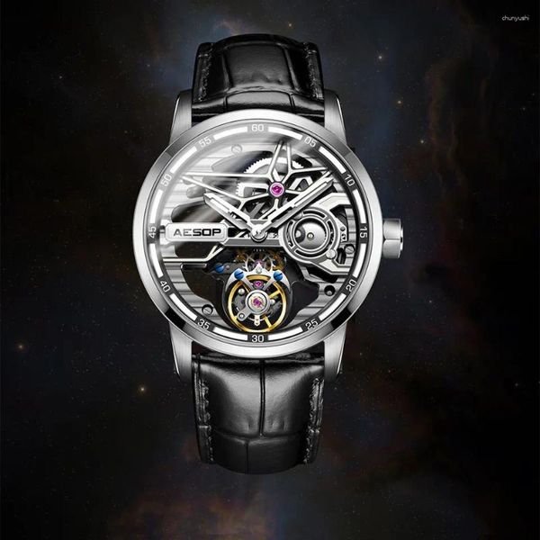 Armbanduhren Aesop hohles Skelett Tourbillon fliegende mechanische Uhren Geschäft leuchtendes Saphirglas für Männer wasserdicht 7053