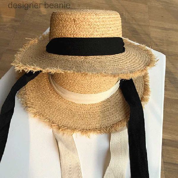 Cappelli a tesa larga Cappelli a secchiello Cappello da donna a tesa larga Cappello da spiaggia con protezione solare Nastro bianco e nero Bowknot Str C Cappello casual da donna con sommità piatta Cappello PanamaL231212