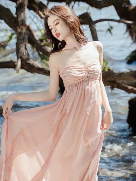 Casual Kleider 2023 Sommer Rosa Chiffon Vintage Fee Kleid Frauen Koreanische Stil Elegante Party Midi Weibliche Sexy Backless Strand Chic