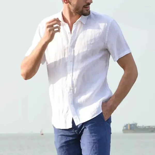 Camicie casual da uomo Camicia di lino Colletto da spiaggia estivo Manica corta Nero Bianco Blu Tinta unita Abbigliamento da strada quotidiano