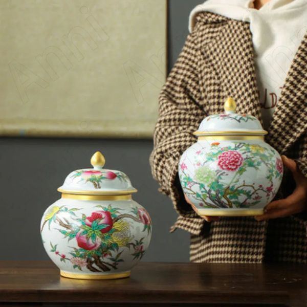 Objetos Decorativos Estatuetas Pintadas Pastel Nove Pêssego Recipiente de Chá Chinês Moderno Grande Selado Dispensador de Grãos à Prova de Umidade Frasco de Armazenamento de Curso Dourado 231211