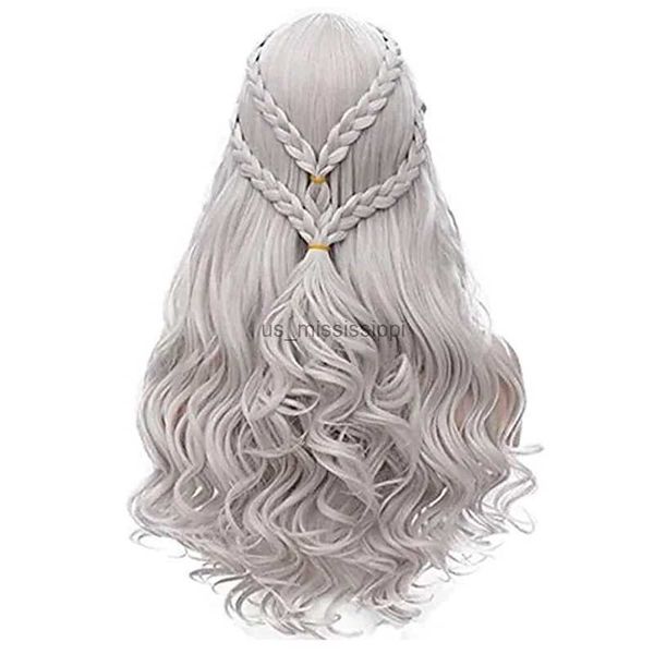 Perucas sintéticas HAIRJOY Cabelo Sintético Daenerys Targaryen Perucas Prata Longo Trançado Fantasia Cosplay Rainha Lolita Peruca para Mulheres L240124