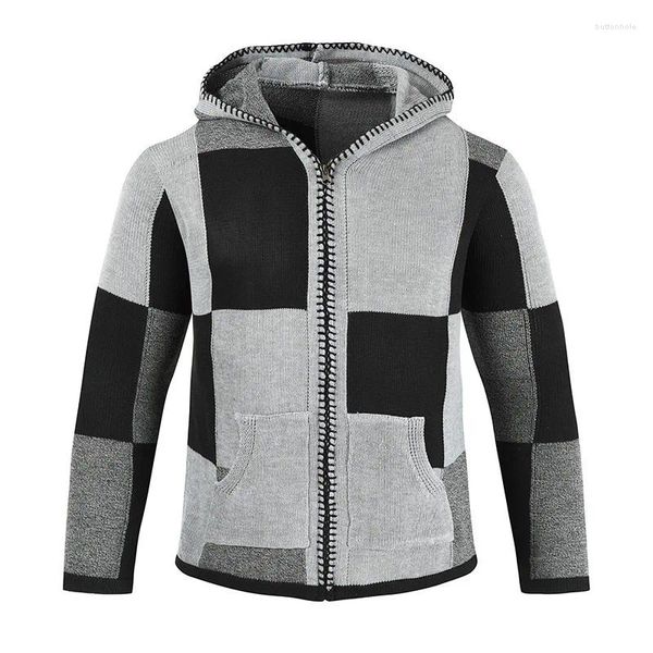 Suéter masculino moda inverno retalhos malha outwear casaco suéter com bolso outono com capuz lã cardigan jumper