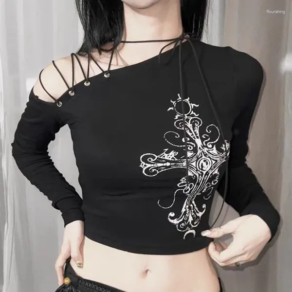 Женские футболки Y2k Панк с абстрактным принтом и графикой, нерегулярные полые бретели, на одно плечо, с длинным рукавом, топ на выход, черный