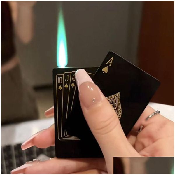 Lighters Creative Jet Torch Green Flame Poker Çakmak Metal Rüzgar Geçirmez Oyun Kart Roman Komik Oyuncak Sigara Aksesuarları Hediye Drop Deliv Dhqio