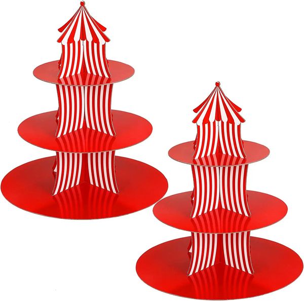 Outros suprimentos de festa de evento 1 conjunto de 3 camadas Circus Carnaval Papel Cupcake Stand Red Striped Bolo Decoração Dia das Crianças Sobremesa 231212