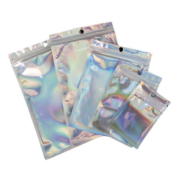 Yanardöner fermuarlı kilit ambalaj çantaları kozmetik plastik lazer yanardöner torbalar holografik yeniden kapatılabilir makyaj çantaları hologram düz fermuarlı çantalar