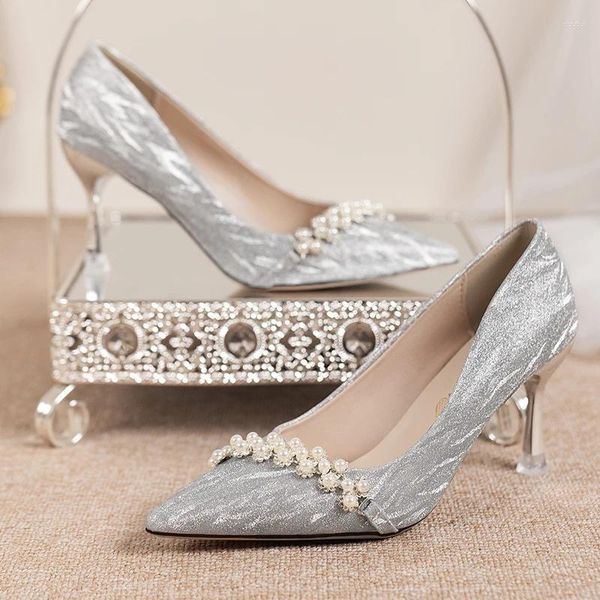 Туфли-лодочки с блестящими блестками, женские туфли-лодочки на высоком каблуке, осень 2023, роскошные дизайнерские женские туфли на шпильках с жемчугом и острым носком, серебряные вечерние туфли