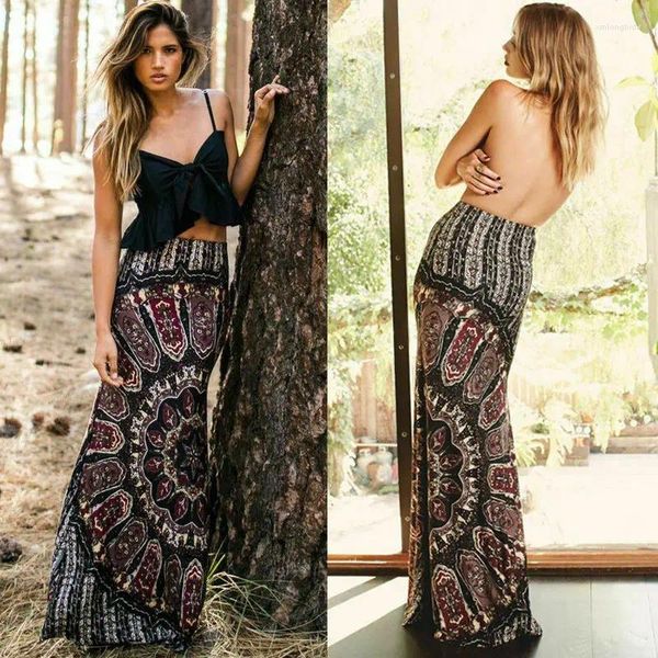 Vestidos casuais básicos saias estilo étnico senhoras longo maxi est camisa de cintura alta cigano feminino verão floral impressão saia praia sol