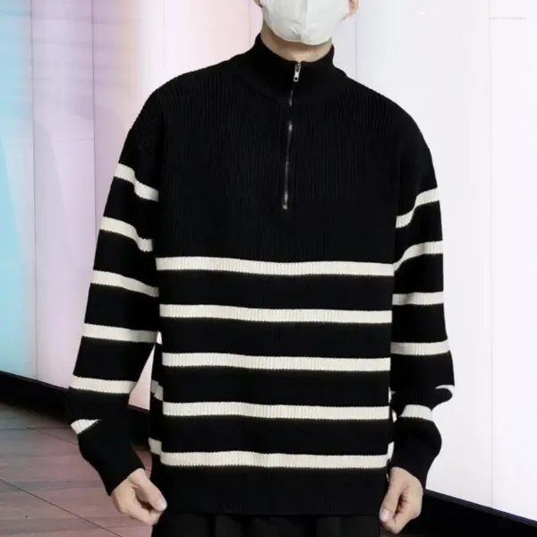 Мужские свитера, черно-белый свитер с вырезом на молнии, осень-зима, с воротником-стойкой, полосатый цвет, подходящий для среднего размера