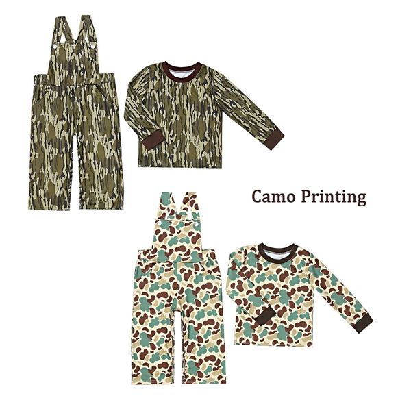 Conjuntos de roupas outono manga longa em torno do pescoço 2pcs macacão camuflagem macacão criança meninas terno treliça outfits menino 0 3 t roupas conjunto 231211