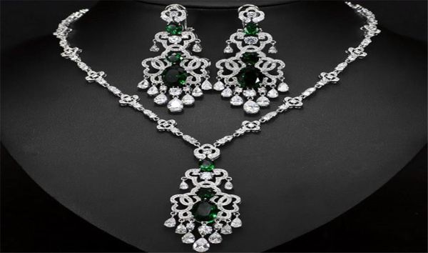 Collana con zirconi vintage Orecchini Set di gioielli Matrimonio Nuziale Festa di compleanno Gioielli da ballo Rosso Blu Verde Argento CZ Collana con zirconi F5191044