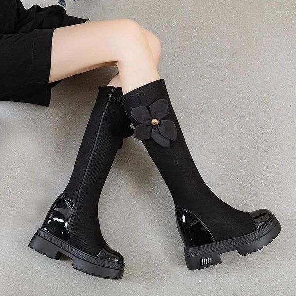 Stiefel 9,5 cm Spandex Stretch Stoff Sommer Plattform Keile Kniehohe Reißverschluss Frau Mode Blume Moderne Schuhe mit verstecktem Absatz