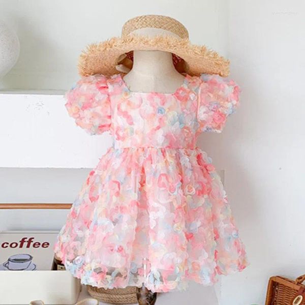 Vestidos de menina para crianças pequenas, vestido de verão estilo doce cheio de flores, roupas coloridas de princesa para crianças de 2 a 6 anos