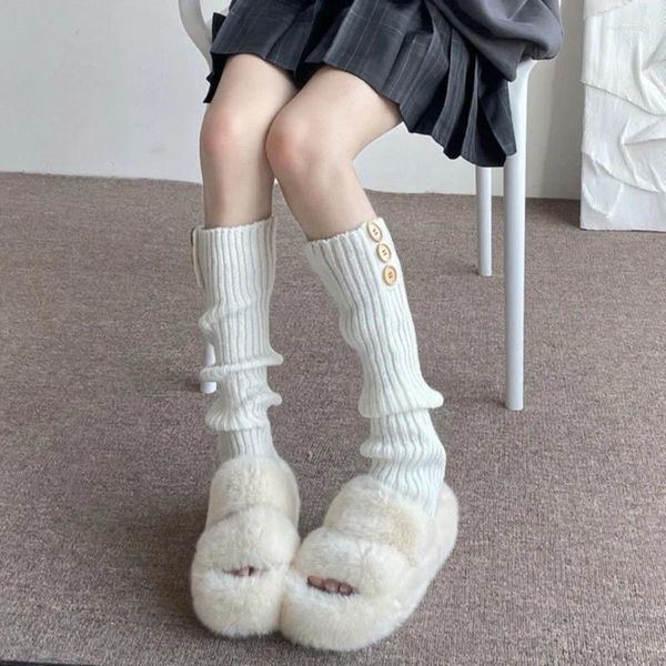 Frauen Socken japanische gestrickte Bein wärmere Studentenseite Knöpfe Beine Abdeckung 37JB