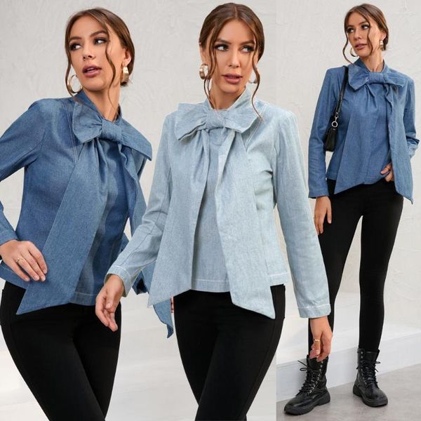 Giacche da donna Giacca di jeans a maniche lunghe con fiocco Taglie forti