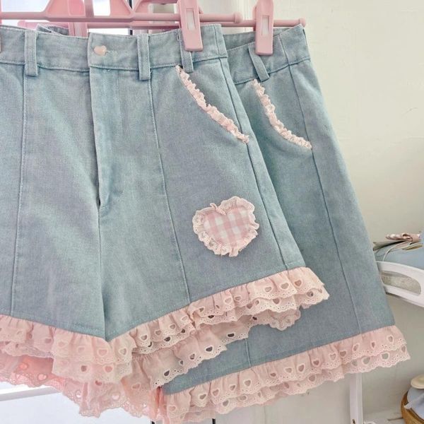 Shorts femininos doce xadrez impressão rosa azul mulheres kawaii perna larga preppy japonês cintura alta estudante coreano chique casual calças curtas