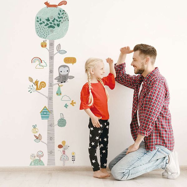 Régua de altura dos desenhos animados adesivos de parede árvore animal para quarto das crianças decoração para casa decalques parede do berçário do bebê decoração murais