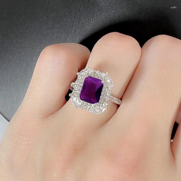 Anéis de cluster brilhante cristal roxo anel quadrado para senhora acessórios de casamento nupcial na moda 925 prata esterlina mulheres jóias ajustáveis