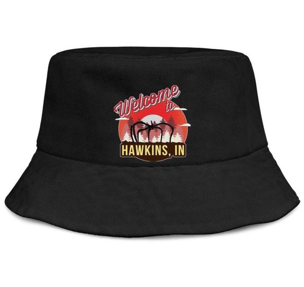 Stranger Things Bem-vindo ao logotipo Hawkins preto feminino balde de pesca chapéu de sol design equipe esportiva único clássico balde suncap6177834