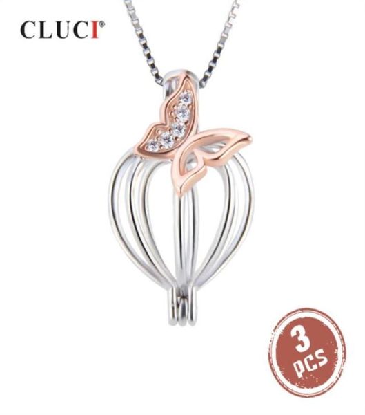 CLUCI, 3 uds., colgante de plata 925 de oro rosa, medallón, joyería para mujer, colgante de jaula de perlas de mariposa de circón de Plata de Ley 925 SC364SB 021329604607