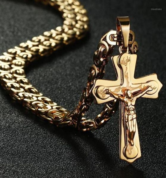Colares de pingente de crucifixo católico pedante ouro aço inoxidável colar de metal grosso sem pescoço único homens moda jóias bíblia cha9563225