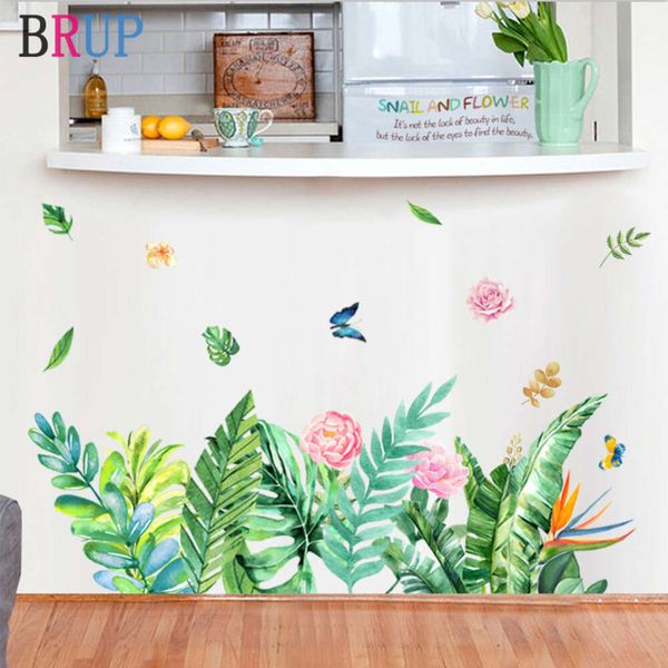 Adesivi murali piante verdi fresche Fiori colorati Decorazioni per la casa Sfondi di foglie artistiche Bella decorazione della stanza delle farfalle rimovibile