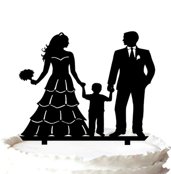 Topper de bolo de casamento familiar Noiva com buquê e noivo com menino 37 cores para opção 6900902