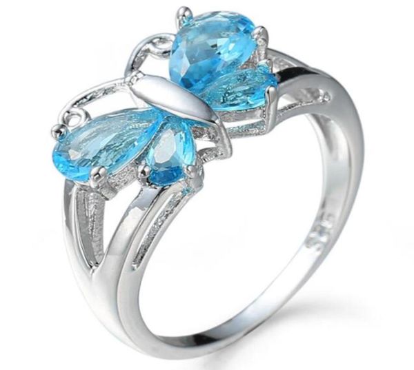10 peças 1 lote luckyshine azul vermelho topázio 925 prata esterlina borboleta anéis define feminino zircônia cúbica anéis presente do feriado8050384