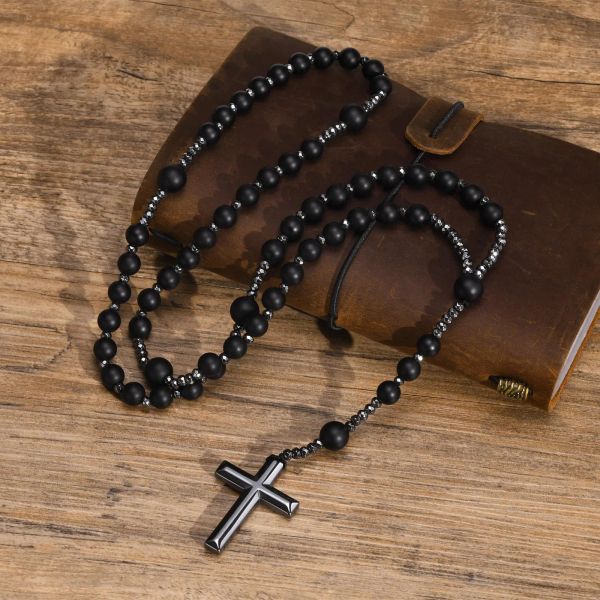 Collane con rosario croce perline nere da uomo, collana a catena in oro nero 14K con equilibrio di potere maschile, gioielli di preghiera per fede religiosa