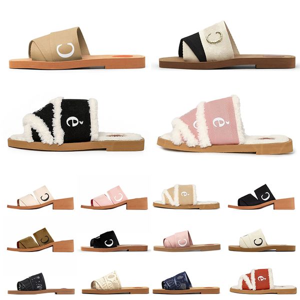 Designer Woody Chinelos Sandálias Mulheres Fluffy Flat Mule Slides Branco Preto Rosa Lace Lettering Lona Fuzzy Fur Chlose Chinelos Verão Casa Sapatos Sandles