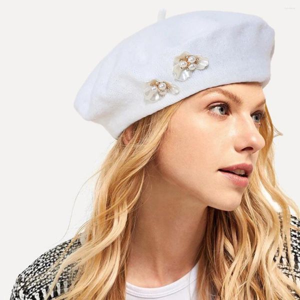 Berets Coreano Outono Inverno Lã Pérola Flor Boina Senhora Todos Combinados Chapéu Casual Mulheres Elegantes Meninas Francesas Feminino Quente Cap Beanies