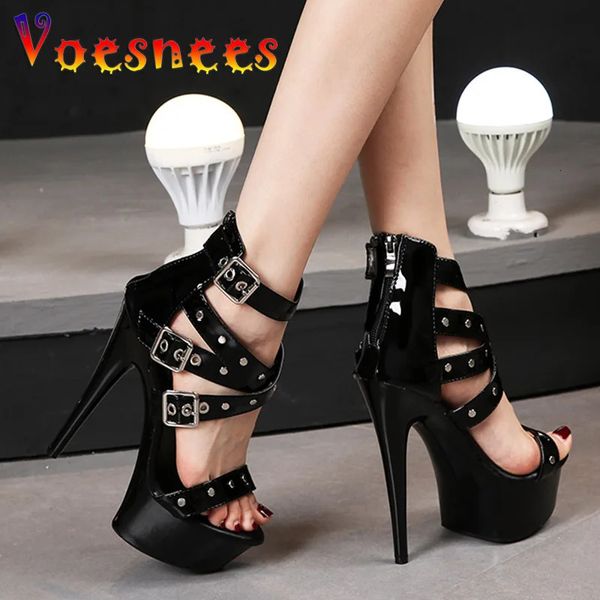 Scarpe eleganti Estate Donna Piattaforma sexy Tacchi alti 15CM Pole Dancing Rivetto Sandali Cinturino alla caviglia Copri tacco Cerniera esotica Ballerina 231212