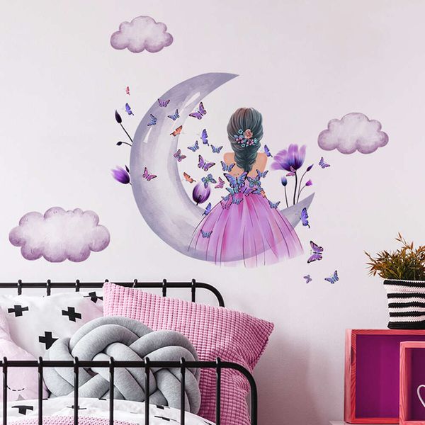 Roxo linda menina na lua vista traseira borboleta adesivos de parede para sala de estar quarto casa decalques decorativos de parede pvc